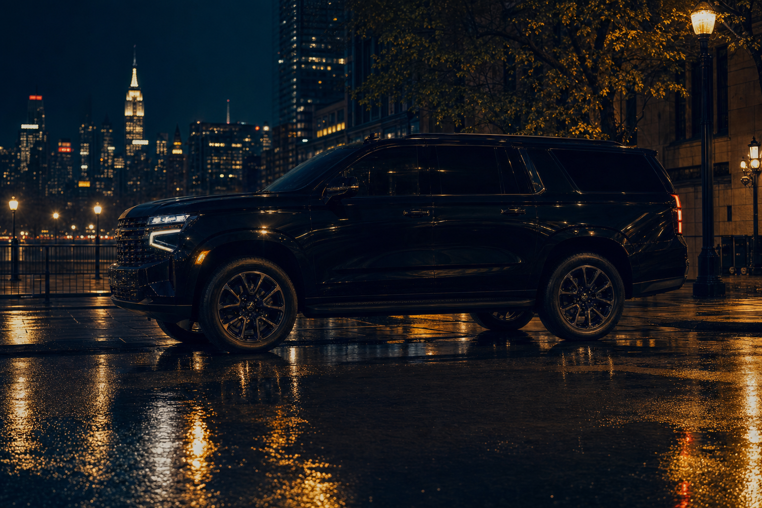 Black L & A Limo SUV parked at night with the New York City skyline behind it