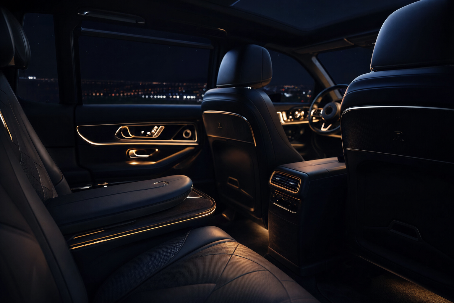 Interior view of the L & A Limo black Suburban with ambient lighting